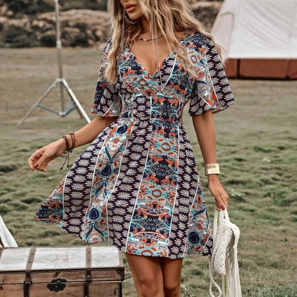 V-Neck Boho Mini Dress in Blue and Orange